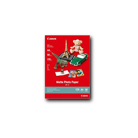 Canon Matte Photo Paper MP-101 Verpackung mit Eiffelturm-Modell, Spielzeugauto und Fotos auf rotem Grund.