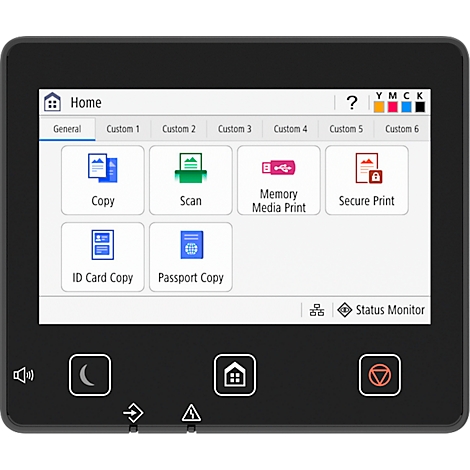 Zwart en grijs bedieningspaneel. Het scherm toont opties zoals kopiëren, scannen, opslaan, beveiligd printen en ID- en paspoort kopiëren.