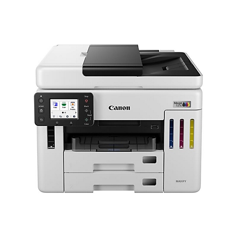 Imprimante Canon MAXIFY blanche, panneau de commande avec écran couleur, indicateur de niveau d'encre.