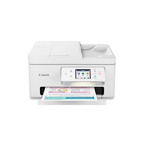 Weißer Canon Tintenstrahldrucker mit Display und Papierauszug auf weißem Hintergrund.