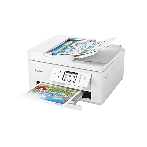 Weißer Canon Tintenstrahldrucker mit Display, der ein farbiges Blatt Papier mit Schweiz-Motiv ausgibt.