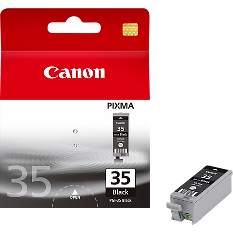 Black Canon ink cartridge PGI-35. Packaging is red with "Canon" lettering. Next to it the cartridge itself.