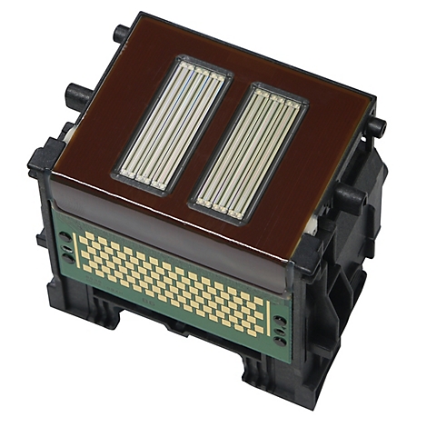 Nahaufnahme eines Druckkopfes mit brauner Oberseite und rechteckigen, hellen Elementen, darunter eine grüne Platine mit goldenen Kontakten.