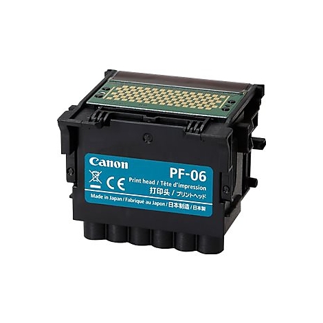 Schwarzer Canon Druckkopf, Modell PF-06, mit grüner Kontaktfläche und blauer Beschriftung.