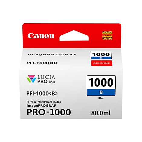 Cartouche d'encre Canon, boÃ®te blanche avec logo bleu. Inscription: PFI-1000B, PRO-1000, 80.0ml.