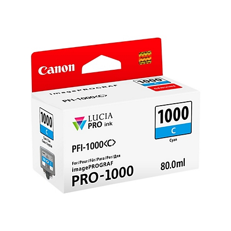 Eine Tintenpatrone von Canon mit der Aufschrift 'PFI-1000<C>' und 'Cyan'.