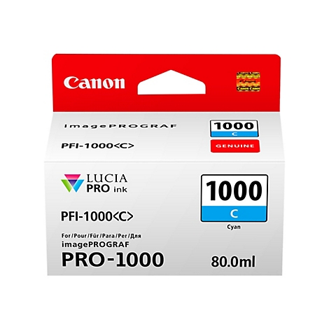 Canon-Tintenpatrone PFI-1000<C>, Cyan, 80,0 ml. Aufschrift: LUCIA PRO ink, PRO-1000, GENUINE.