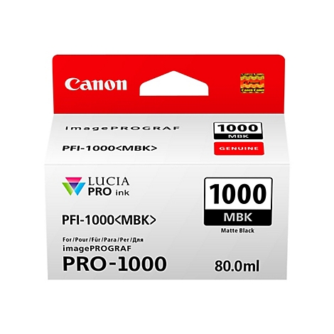 Emballage blanc de cartouche d'encre Canon. En haut, il est Ã©crit 'Canon', en dessous 'imagePROGRAF' et 'PFI-1000<MBK>'. Un rectangle indique '1000 MBK'.