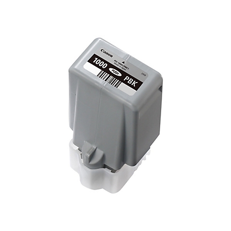 Graue Canon Druckerpatrone 1000 PBK, mit Barcode und Aufdruck. Die Patrone sitzt auf einem weiÃŸen Sockel.
