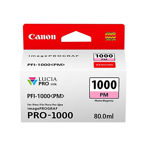Encre photo magenta Canon PRO-1000, emballage avec en-tÃªte rouge, texte : LUCIA PRO Ink, PFI-1000<PM>, 80,0 ml.