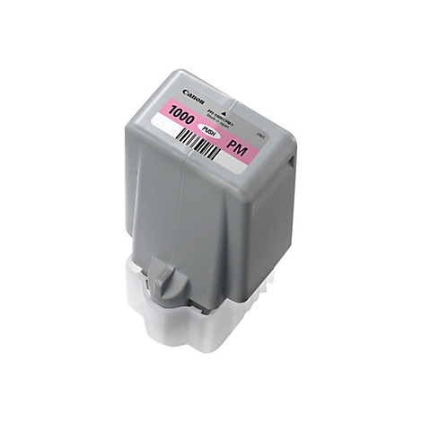 Graue Tintenpatrone mit pinkfarbener Beschriftung, Barcode und '1000 PM' Etikett. Hersteller: Canon.