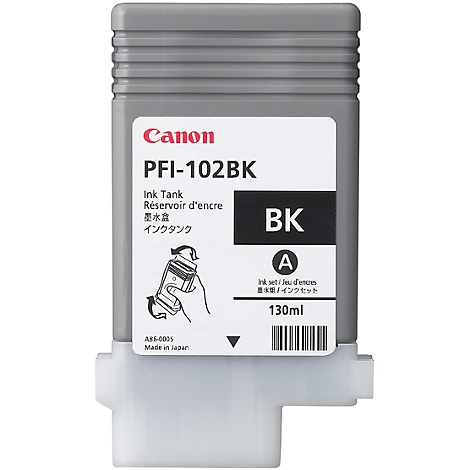 Zwarte Canon PFI-102BK inktcartridge. De container heeft grijze en witte elementen met tekst en logo's.
