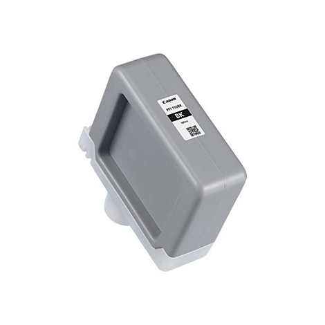 Graue Canon-Tintenpatrone. Aufkleber mit Produktinformationen: PFI-1100BK, BK, 600ml.