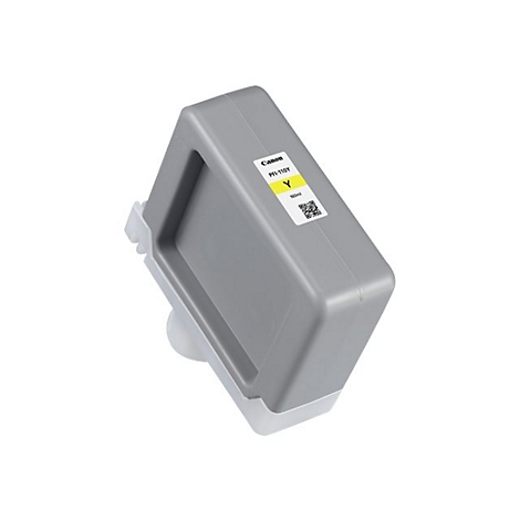 Grauer Canon Tintenbehälter, mit gelbem Aufkleber mit Produktbezeichnung. Der Behälter steht auf weißem Grund.