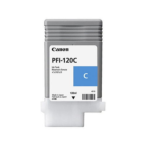 RÃ©servoir d'encre Canon PFI-120C, plastique gris. Autocollant avec informations sur le produit, zone bleue avec Â«CÂ».