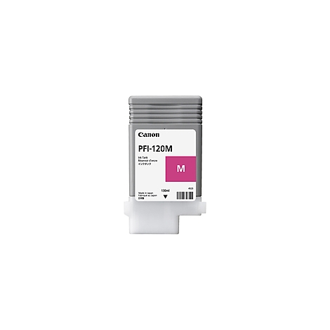 Canon PFI-120M Tintenpatrone, Magentarot. Aufdruck auf weißem Hintergrund.
