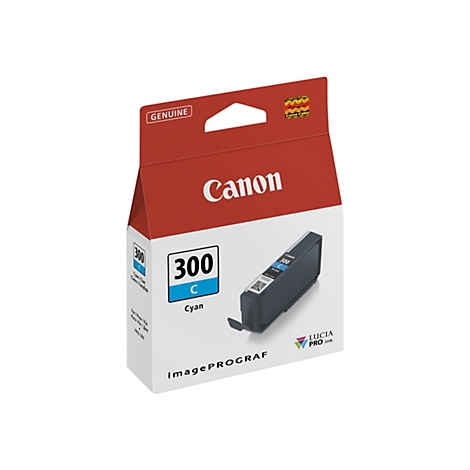 Canon Tintenpatrone, Cyan, mit Text 300 C. Verpackung in Rot und WeiÃŸ.