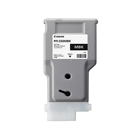 Cartouche d'encre grise Canon PFI-320MBK. Avec Ã©tiquette blanche et code-barres. MBK signifie Matte Black.