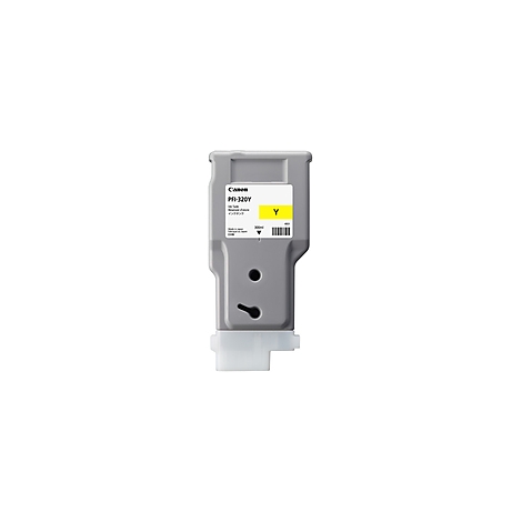 Grauer Canon-Tintenbehälter. Ein gelbes Feld mit dem Buchstaben "Y" kennzeichnet die gelbe Tinte. Aufschrift: PFI-320Y.