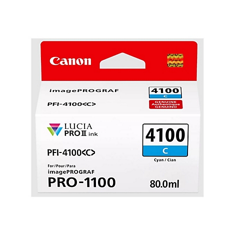 Canon Druckerpatrone für imagePROGRAF PRO-1100. Aufdrucke zeigen Modelldaten und die Farbe Cyan.