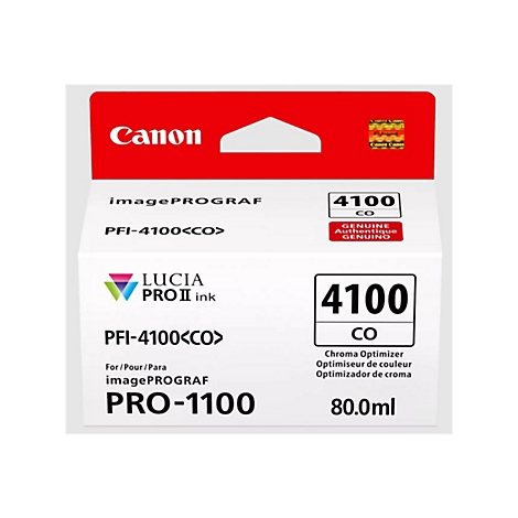 Produktverpackung eines Canon imagePROGRAF PRO-1100 Druckers. Auf der Verpackung befinden sich Logos und Angaben zur Tinte.