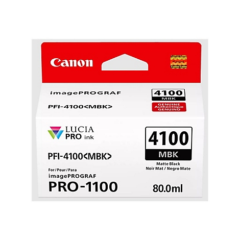 Produktverpackung eines Tintenpatrone von Canon, mit Aufdruck 'PFI-4100<MBK>', 'LUCIA PRO ink' und 'PRO-1100'.