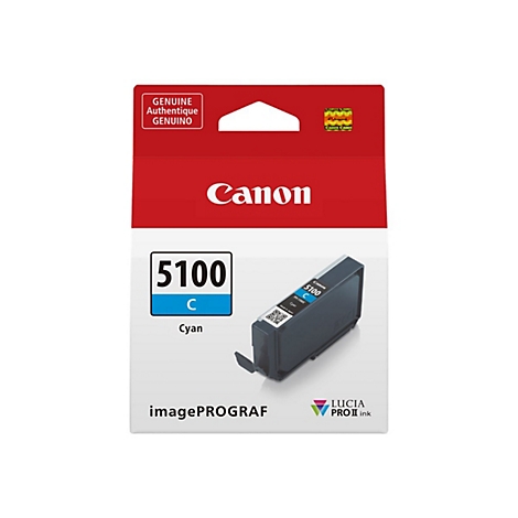 Canon Druckerpatrone 5100 C, Cyan. Roter Hintergrund mit Markenlogo, Produktbezeichnung und Beschreibung.
