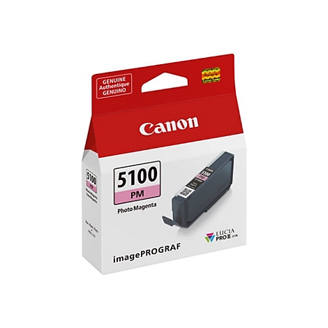 Eine Canon-Tintenpatrone in einer roten und weißen Verpackung. Aufgedruckte Schriftzüge: Canon, 5100 PM Photo Magenta.