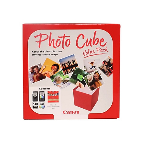 Rote Box mit "Photo Cube"-Schriftzug, Fotos fliegen heraus. Inhalte: Patronen, Fotopapier. Canon-Logo.