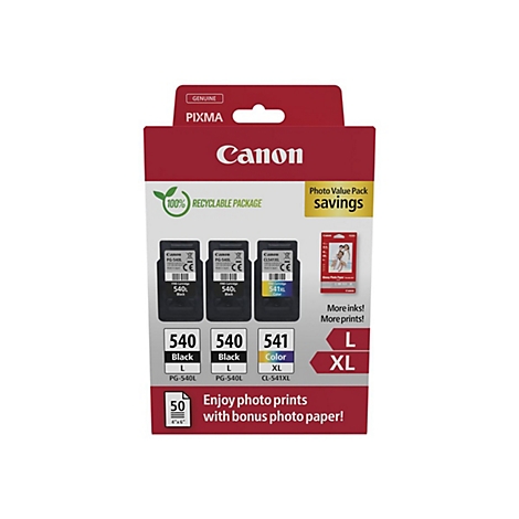Canon-Tintenpatronen-Packung, schwarz, gelb und cyan. Aufdrucke: Canon, 100 % recycelbar, Photo Value Pack, Tintenpatrone. Auf der Packung ist Fotopapier abgebildet.