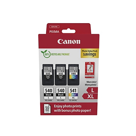 Canon Druckerpatronen-Packung, zeigt verschiedene Patronen, Papier, sowie 'Photo Value Pack savings'.