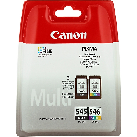 Verpackung mit Canon-Tintenpatronen. Roter oberer Teil mit weißem Canon-Schriftzug. Aufdruck mit den Produktbezeichnungen und Farbangaben.