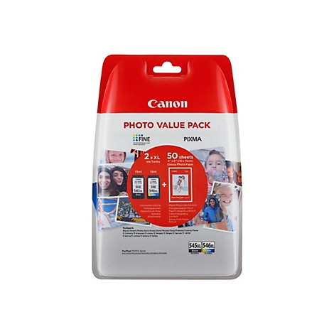 Canon Photo Value Pack mit zwei XL-Tintenpatronen und 50 Blatt Fotopapier in der Originalverpackung.