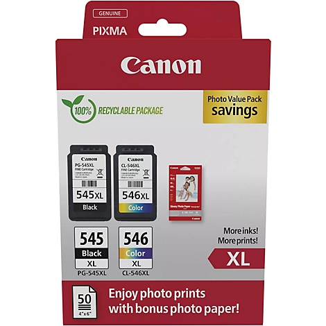Canon-Druckerpatronen und Fotopapier-Packung. Enthält schwarze und farbige Tintenpatronen, Fotopapier und Werbetext.