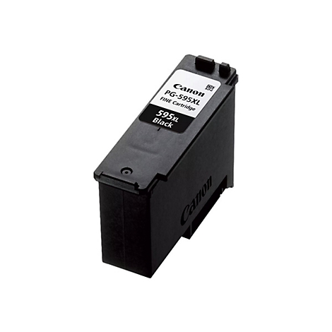 Cartouche d'encre noire Canon PG-595XL sur fond blanc. Texte imprimé : Canon, 595XL Black, FINE Cartridge.