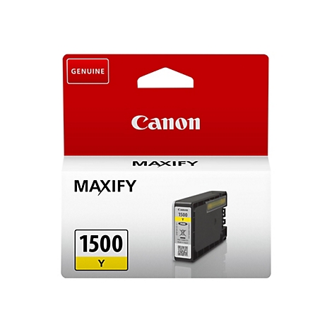 Gelbe Canon MAXIFY Tintenpatrone, Modell 1500 Y, mit Markenzeichen und Echtheitssiegel.
