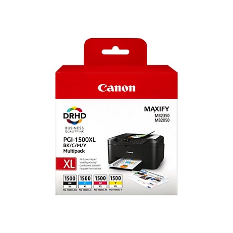Canon Maxify Multipack PGI-1500XL mit Tintenpatronen in Schwarz, Cyan, Magenta und Gelb auf weißem Hintergrund.