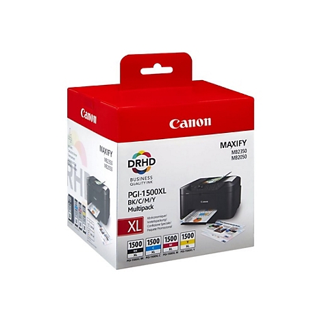 Canon PGI-1500XL Multipack Tintenpatronen-Verpackung mit Druckerabbildung auf weißem Hintergrund.