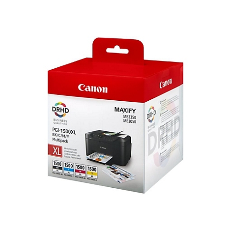 Canon PGI-1500XL Multipack Druckerpatronen-Verpackung mit abgebildetem Maxify Drucker und Farb-Icons.