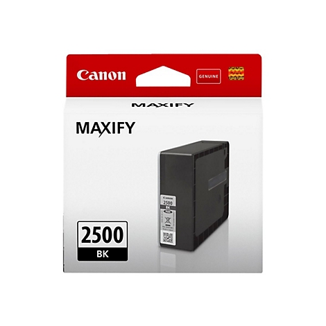 Schwarze Canon MAXIFY Tintenpatrone. Auf der Verpackung steht „Genuine“. Unten links steht „2500 BK“.