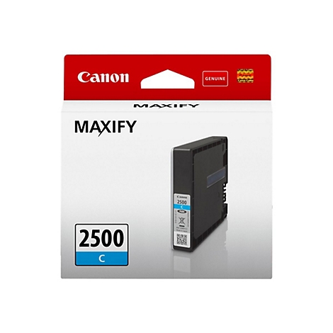 Schwarze Tintenpatrone "Canon MAXIFY 2500 C" in einer Verpackung mit roten und weißen Elementen.