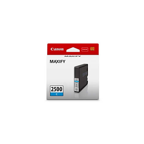 Eine Canon MAXIFY Tintenpatrone, Cyan, in der Originalverpackung. Auf der Verpackung steht "Canon", "MAXIFY", "2500 C" und "Genuine".