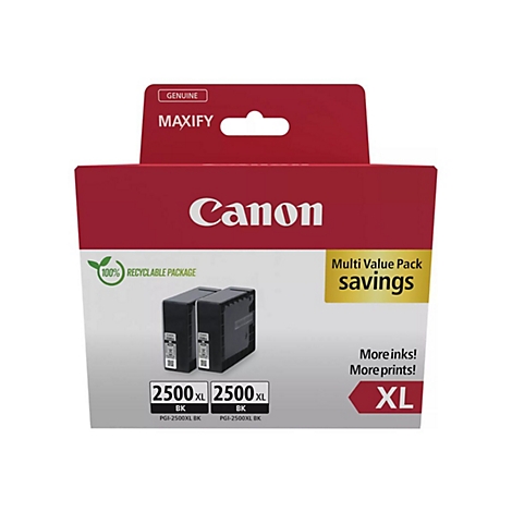 Packung Canon Maxify Druckerpatronen. Bordeauxrote Verpackung mit weißen Schriftzügen und zwei schwarzen Tintenpatronen.