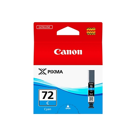 Canon-Tintenpatrone, Packung mit rotem Deckel und blauem Boden. Aufschrift Canon, Pixma, 72 C Cyan.