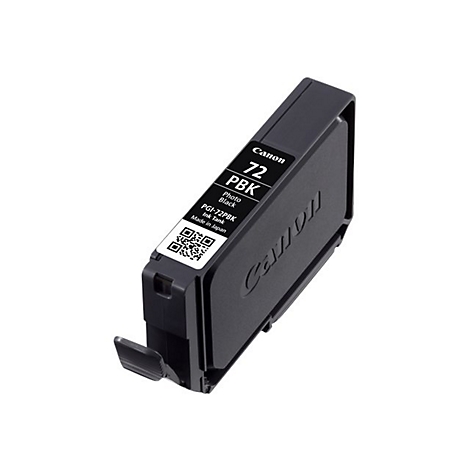 Schwarze Canon Tintenpatrone. Aufschrift: Canon, 72, PBK, Foto Schwarz, PGI-72PBK, Made in Japan.