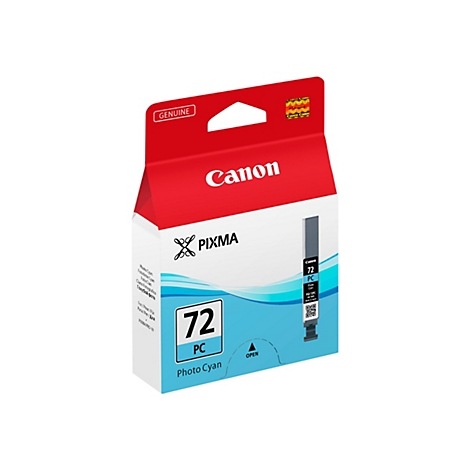 Canon Druckerpatrone, rot-weiÃŸ-blaue Verpackung mit der Aufschrift 72 PC Photo Cyan.