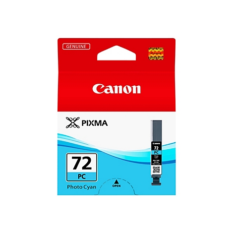 Eine Canon-Druckerpatrone, rot-weiÃŸ-blau. Oben steht 'Genuine', darunter 'Canon' und 'Pixma'. Darunter '72 PC Photo Cyan'.