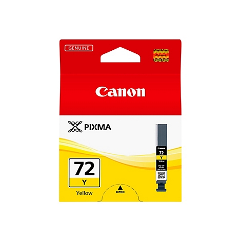 Gelbe Canon Pixma 72 Tintenpatrone mit rotem Deckel und gelbem Hintergrund.