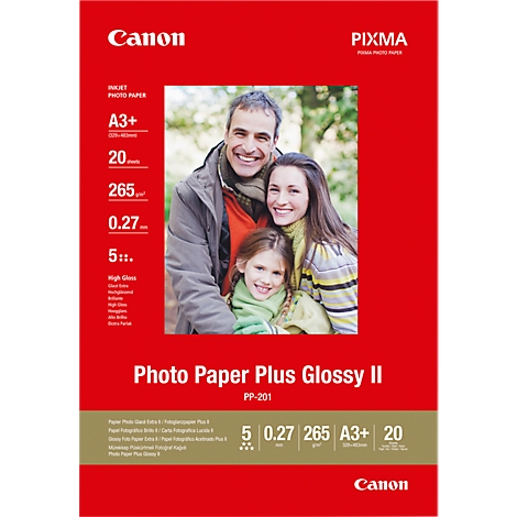 Red Canon package with family photo; product info like A3+, 20, 265, 0.27, 5 and product name Photo Paper Plus Glossy II.