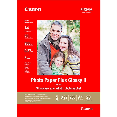 Photo paper package with a picture of a smiling family. On a red background are the words "Canon", "Photo Paper Plus Glossy II".